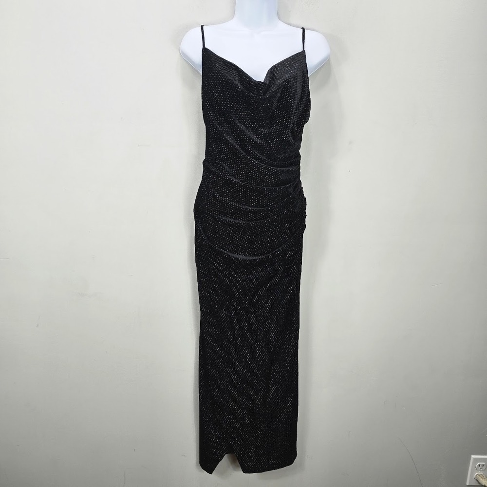 Laundry Shelli Segal Velvet Ruched Maxi Dress 14 Black Silver Draped HOCO Formal